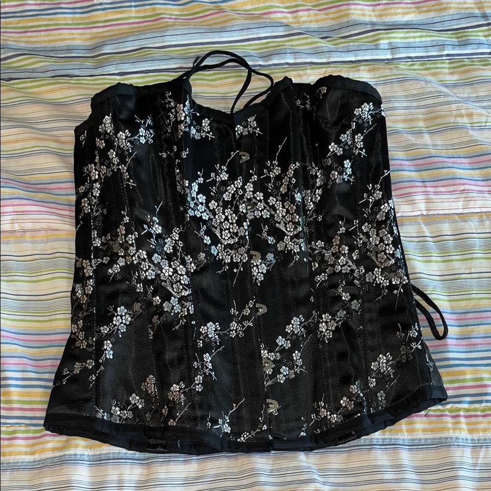 Floral Black Satin Boned Corset 26